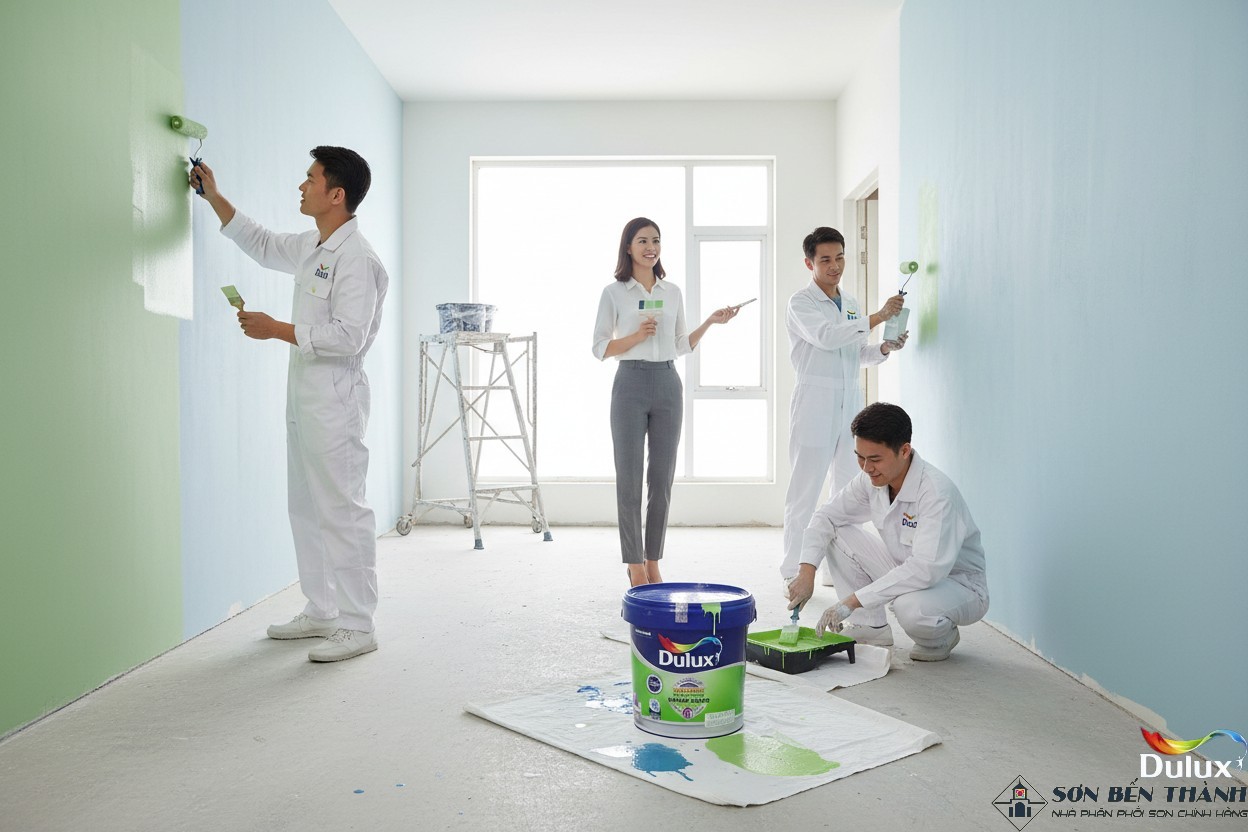 Thi công sơn DULUX EASYCLEAN CHỐNG BÁM BẨN KHÁNG VIRUS BÓNG E017B